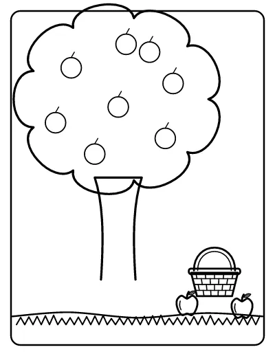 Apple Tree and Basket coloring page – printable line art