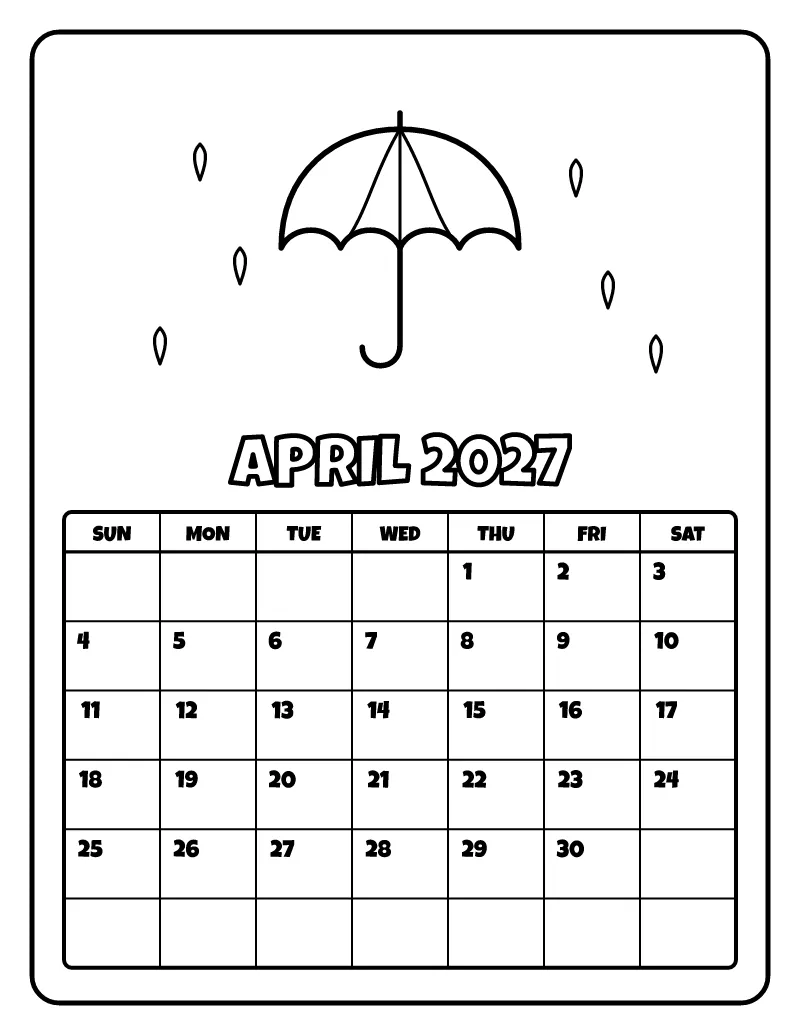 April 2027 Calendar coloring page – printable black and white line art