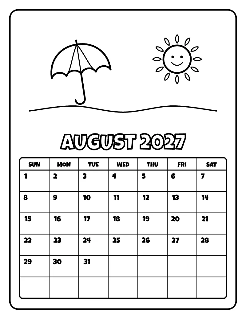August 2027 Calendar coloring page – printable black and white line art