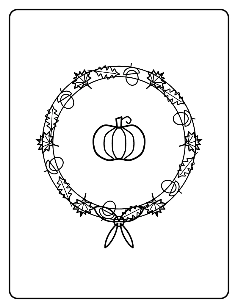 Autumn Door Wreath with Bow coloring page – printable black and white line art