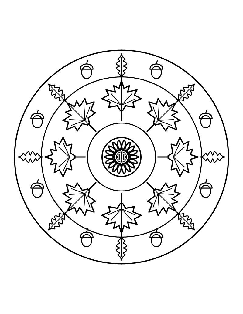 Autumn Leaf Mandala coloring page – printable black and white line art
