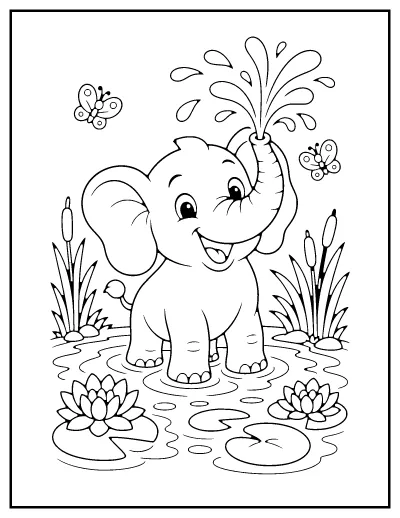 Baby Elephant Splashing coloring page – printable line art