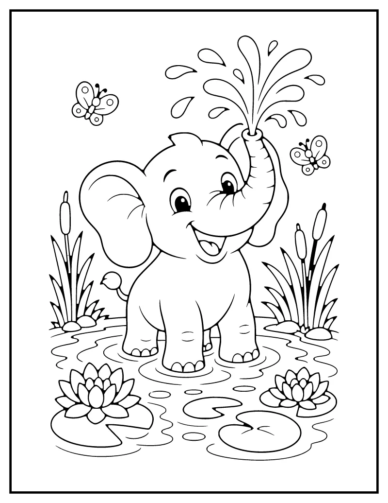 Baby Elephant Splashing coloring page – printable black and white line art
