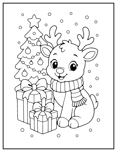 Baby Reindeer with Presents coloring page – printable line art