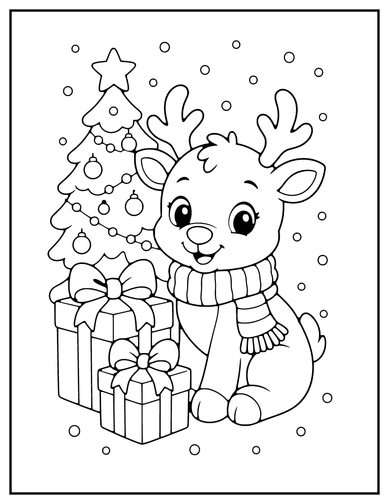 Baby Reindeer with Presents coloring page – printable black and white line art