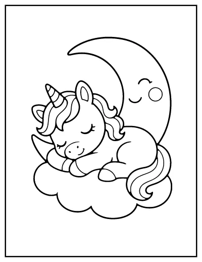 Baby Unicorn Sleeping on a Cloud coloring page – printable line art