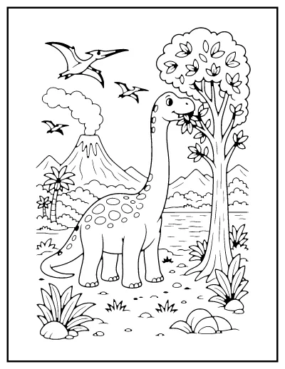 Brachiosaurus by the Volcano coloring page – printable line art