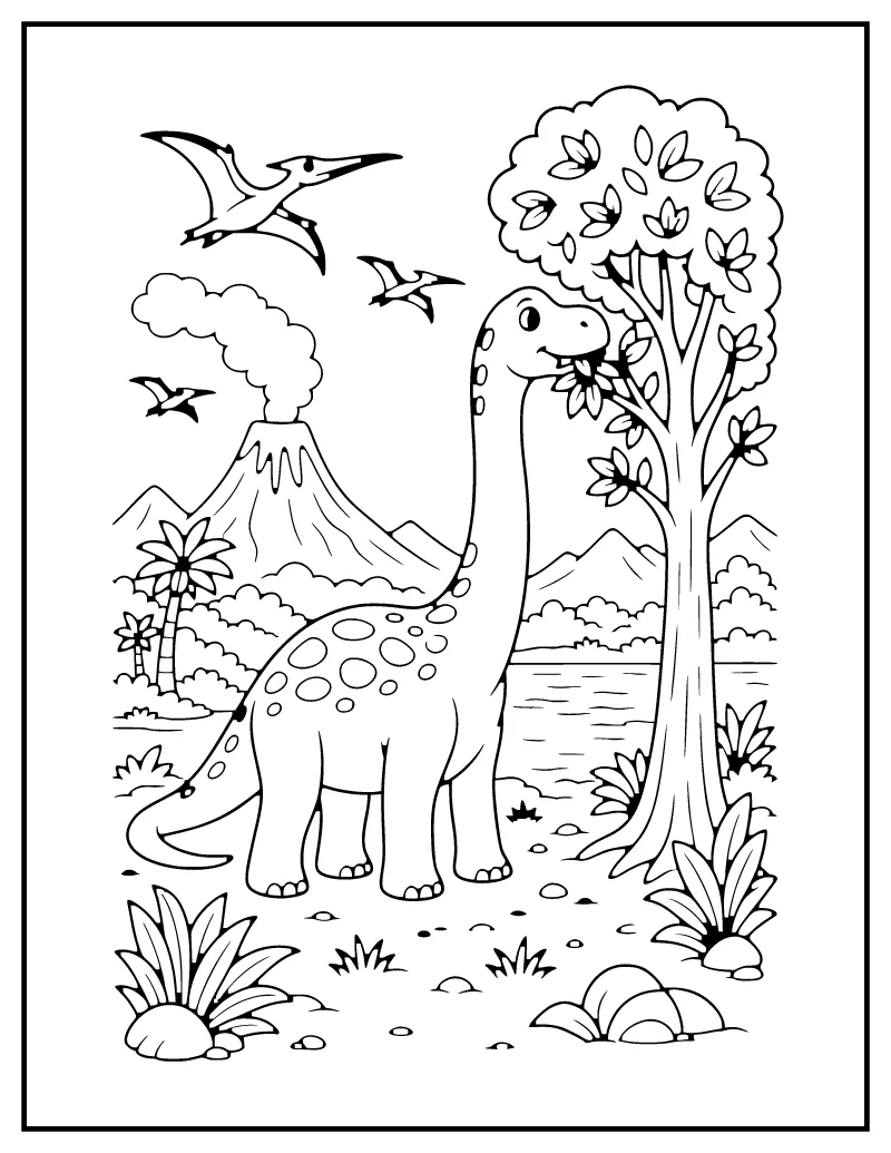Brachiosaurus by the Volcano coloring page – printable black and white line art