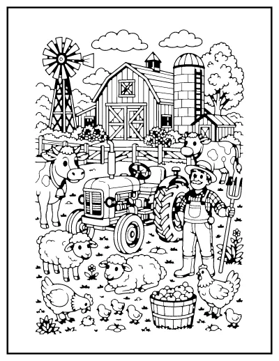 Busy Farm with Tractor coloring page – printable line art