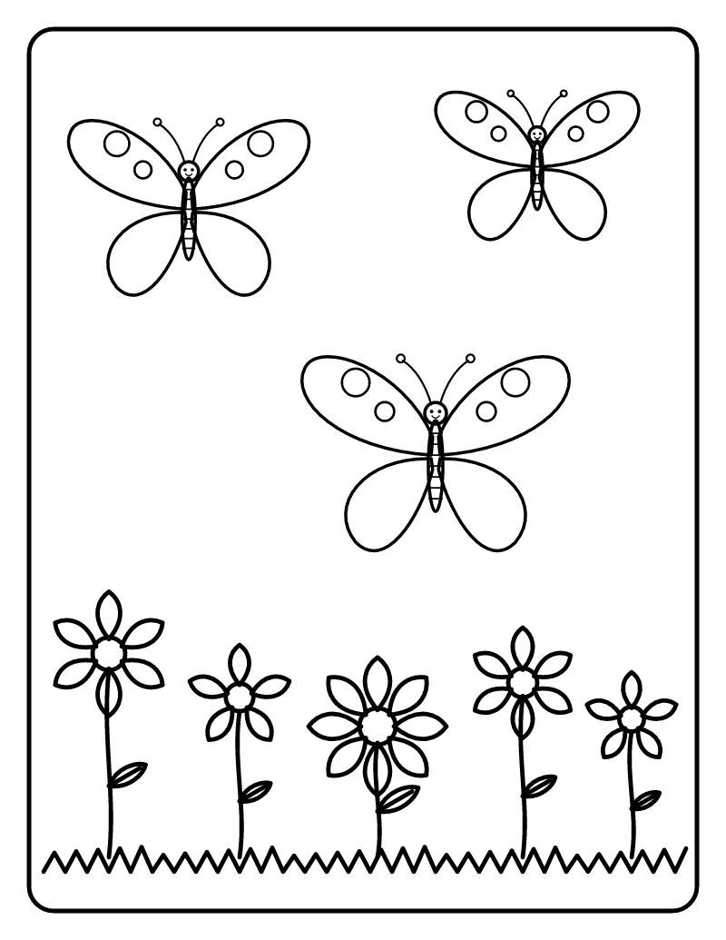 Butterflies in a Flower Garden coloring page – printable black and white line art
