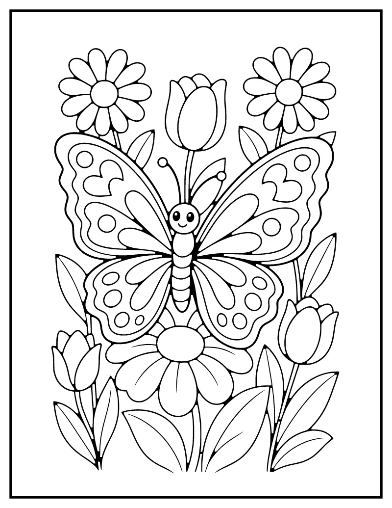 Butterfly on Garden Flowers coloring page – printable black and white line art