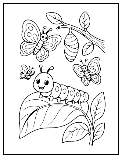 Caterpillar and Butterflies on Leaves coloring page – printable line art