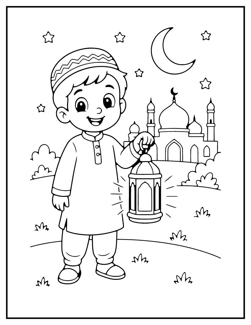 Child with a Ramadan Lantern coloring page – printable black and white line art