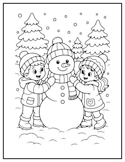 Children Building a Snowman coloring page – printable line art