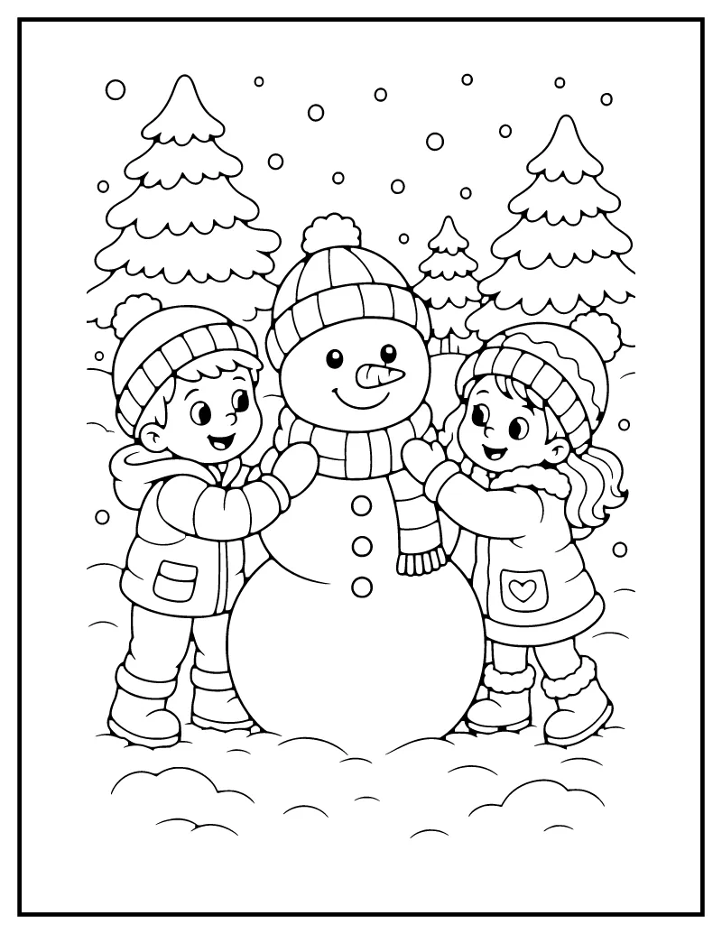 Children Building a Snowman coloring page – printable black and white line art