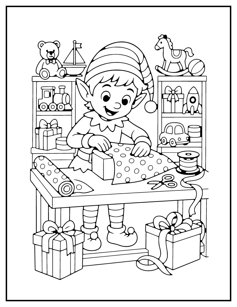 Christmas Elf Wrapping Gifts coloring page – printable black and white line art