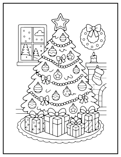 Christmas Tree with Presents coloring page – printable line art