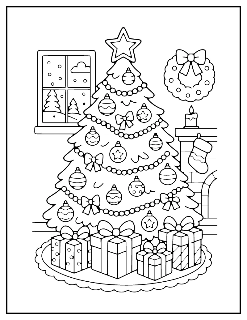 Christmas Tree with Presents coloring page – printable black and white line art