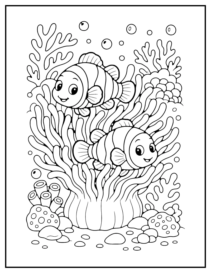 Clownfish and Sea Anemone coloring page – printable black and white line art