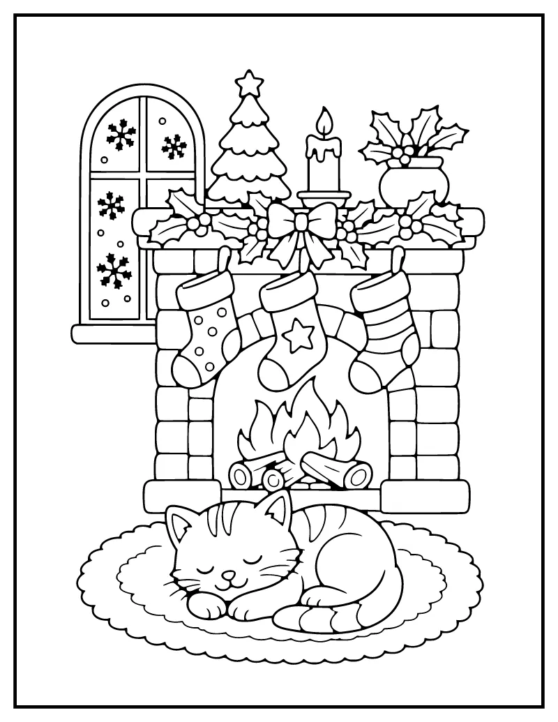 Cozy Christmas Fireplace coloring page – printable black and white line art