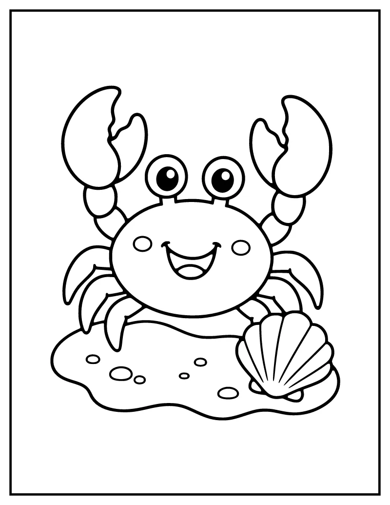 Crab on the Beach coloring page – printable black and white line art