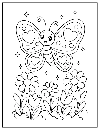 Cute Smiling Butterfly with Flowers coloring page – printable line art