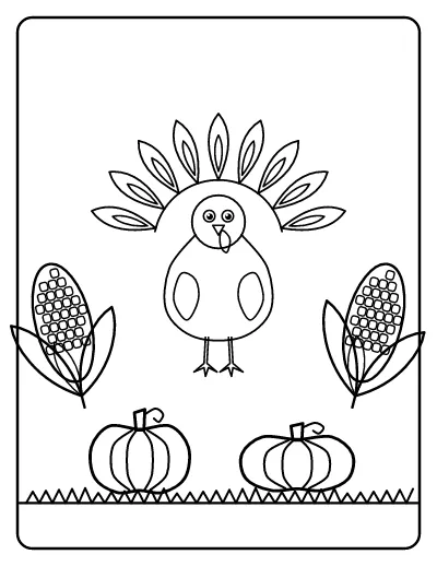 Cute Turkey with Corn and Pumpkins coloring page – printable line art