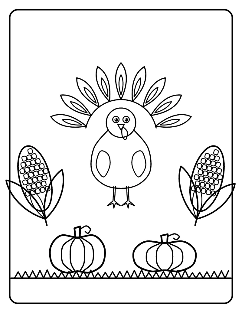 Cute Turkey with Corn and Pumpkins coloring page – printable black and white line art