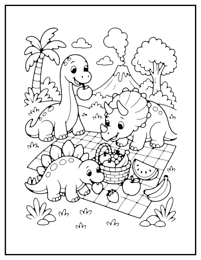 Dinosaur Friends Picnic coloring page – printable line art