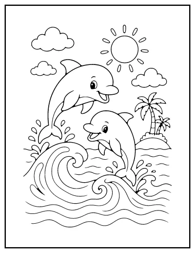 Dolphins Jumping over Waves coloring page – printable line art