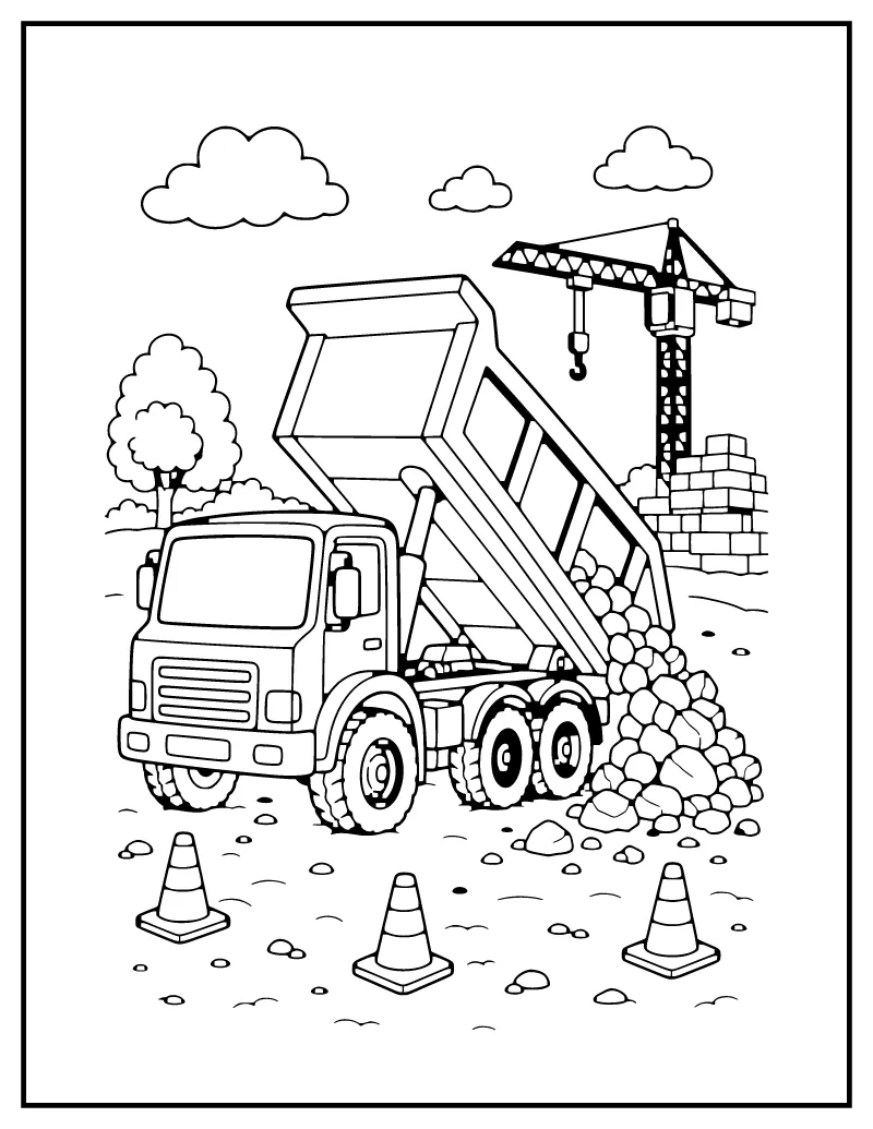Dump Truck at the Construction Site coloring page – printable black and white line art