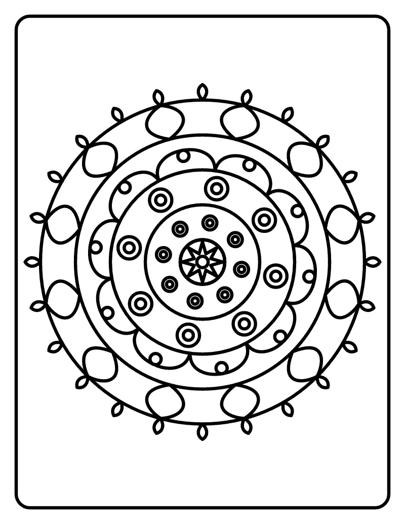 Easy Mandala for Kids coloring page – printable black and white line art