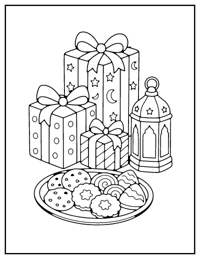 Eid Gifts and Sweets coloring page – printable line art