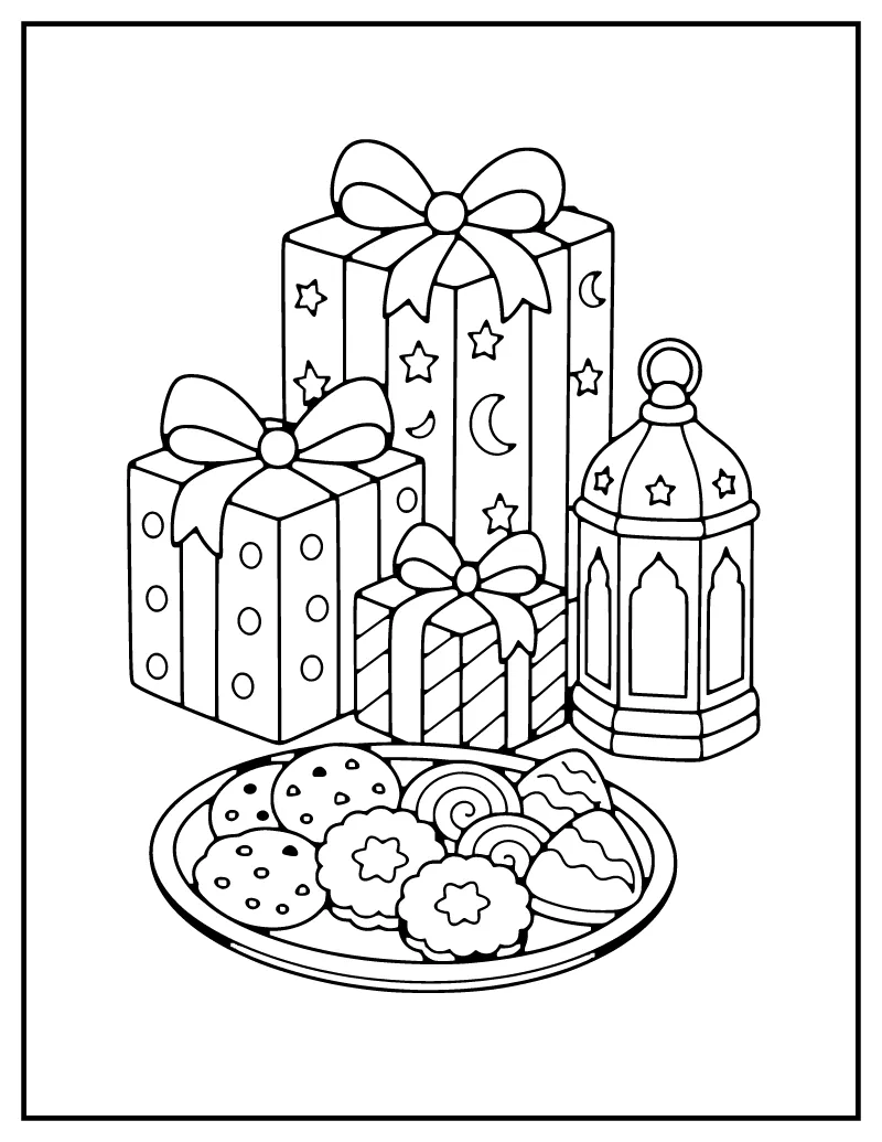 Eid Gifts and Sweets coloring page – printable black and white line art