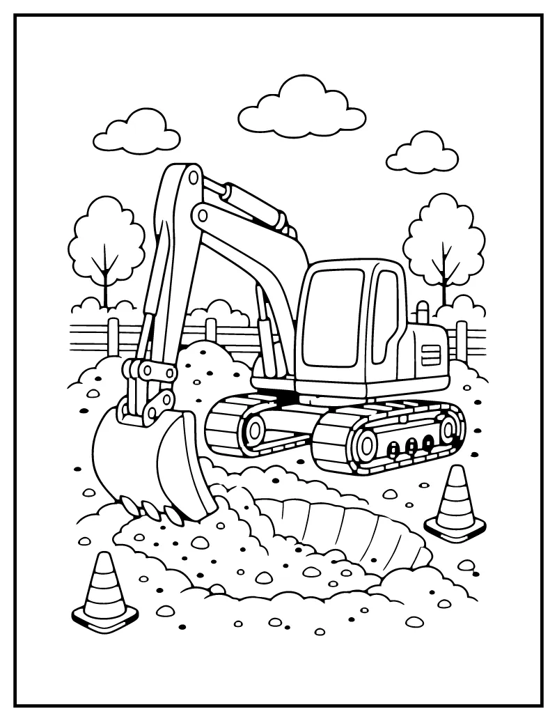 Excavator Digging coloring page – printable black and white line art