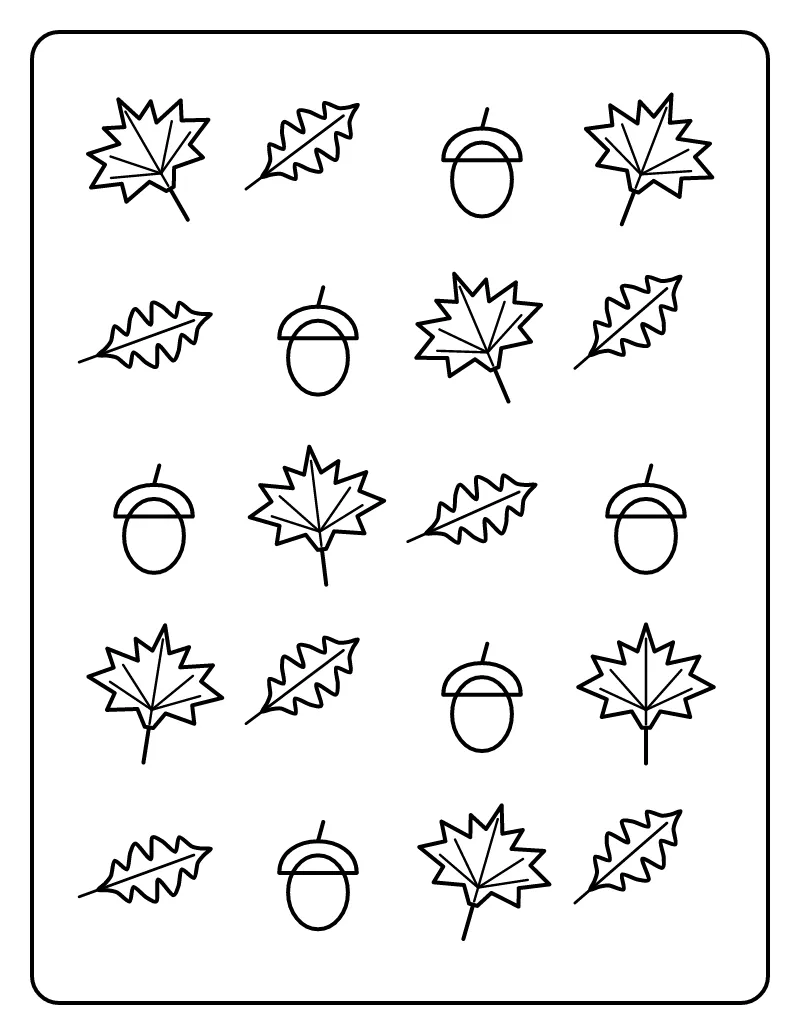 Fall Leaves and Acorns Pattern coloring page – printable black and white line art
