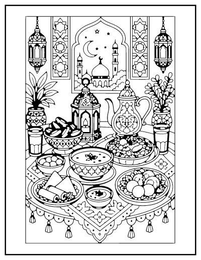 Family Iftar Table coloring page – printable line art