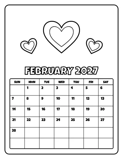February 2027 Calendar coloring page – printable line art