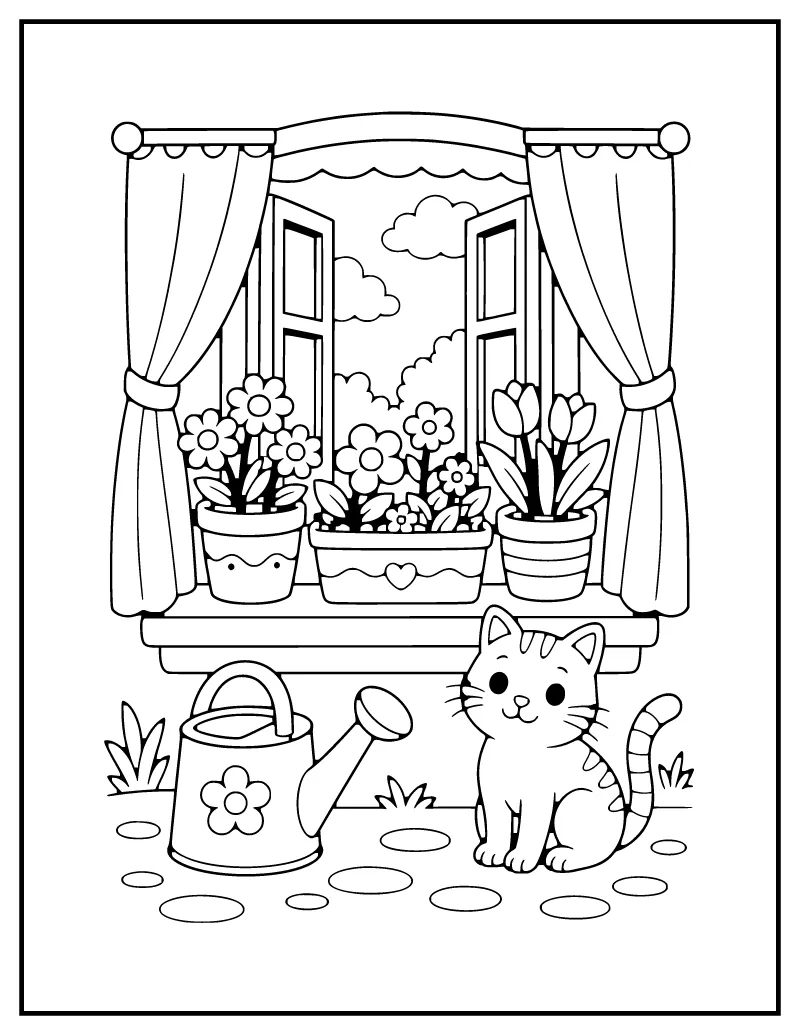 Flower Pot on the Windowsill coloring page – printable black and white line art