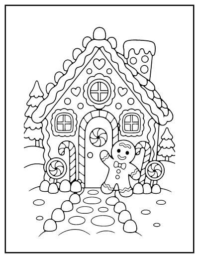 Gingerbread House coloring page – printable line art
