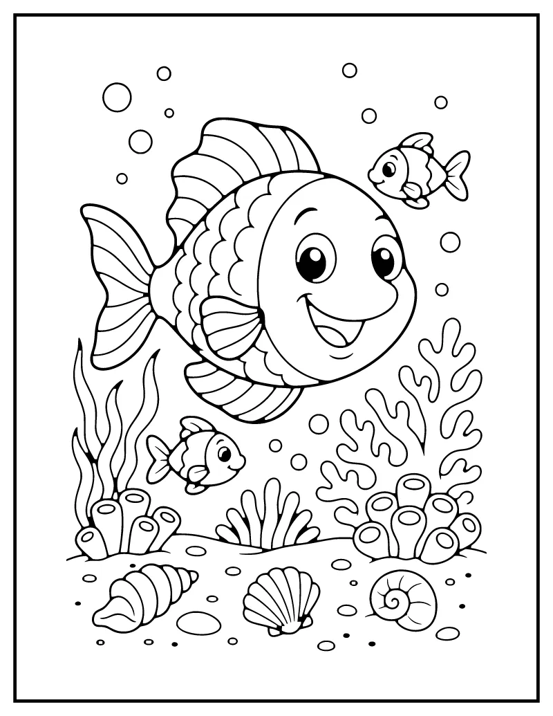 Happy Fish Under the Sea coloring page – printable black and white line art