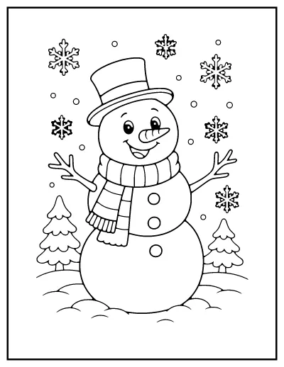 Happy Snowman coloring page – printable line art