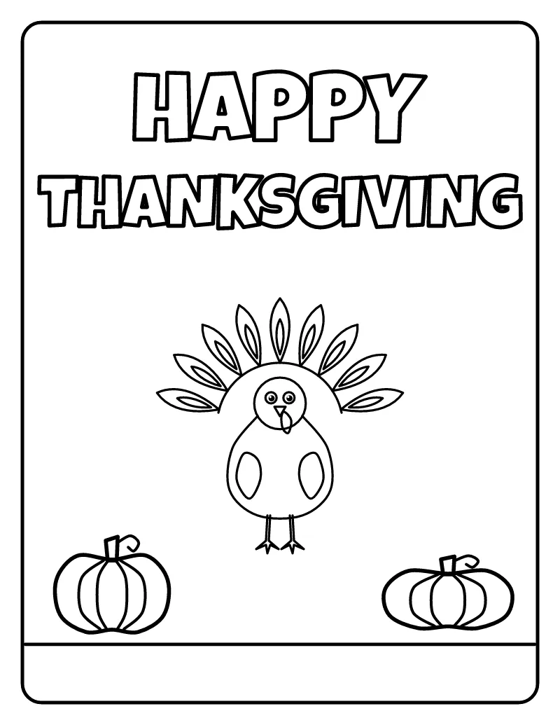 Happy Thanksgiving Lettering with Turkey coloring page – printable black and white line art