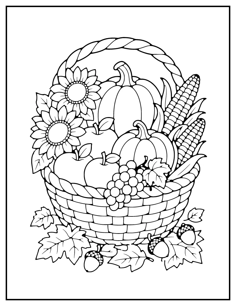 Harvest Basket of Apples coloring page – printable black and white line art