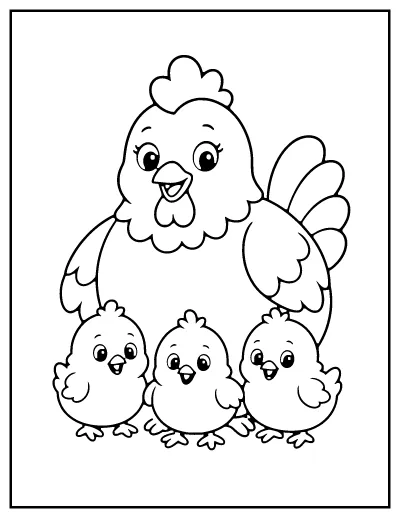 Hen and Chicks coloring page – printable line art