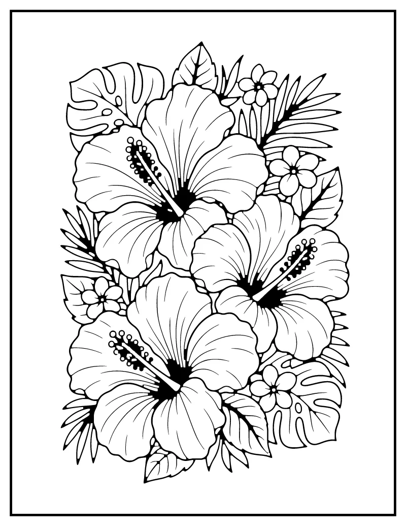 Hibiscus Tropical Flowers coloring page – printable black and white line art