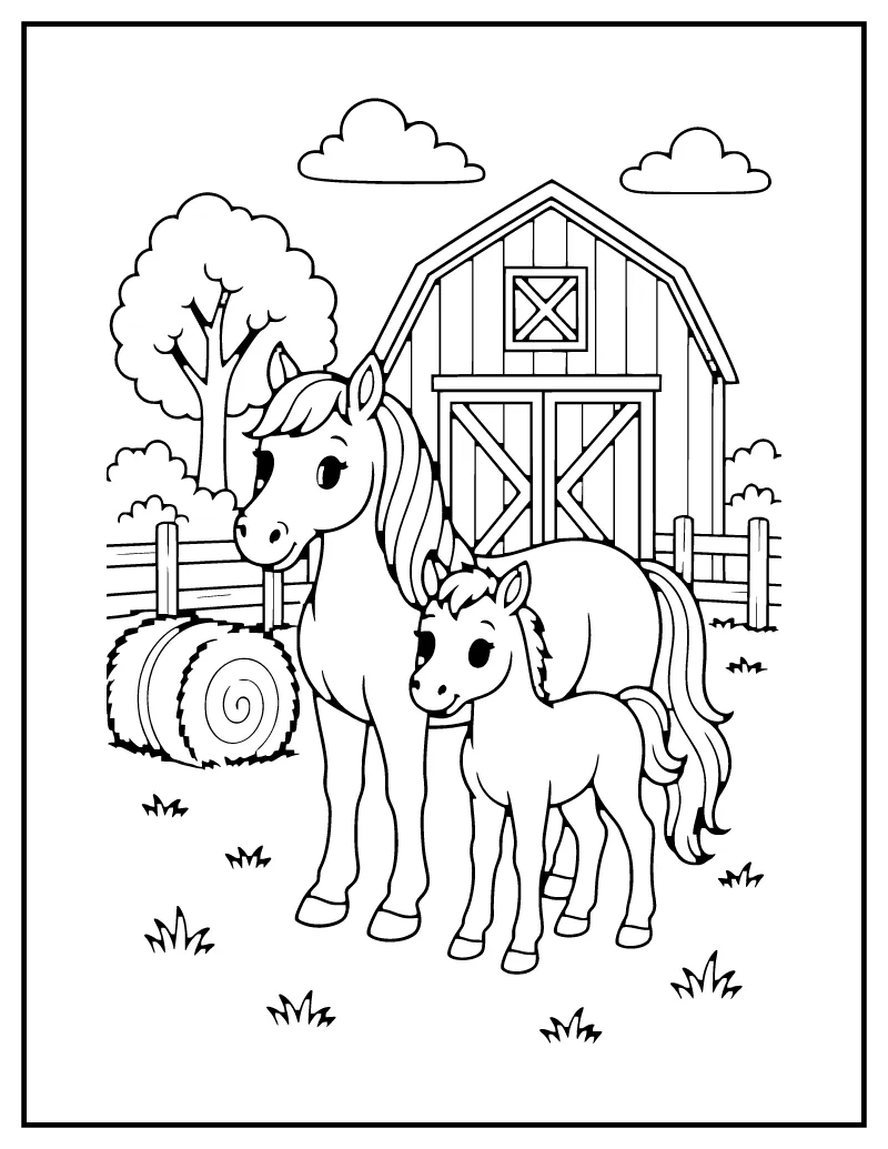 Horse and Foal by the Barn coloring page – printable black and white line art