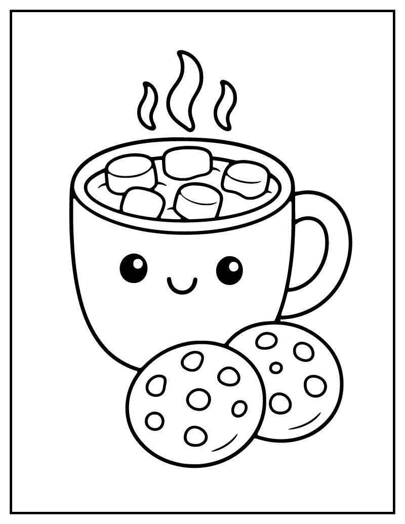 Hot Cocoa and Cookies coloring page – printable black and white line art