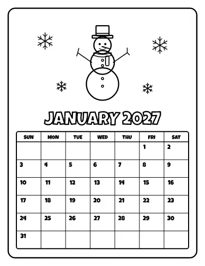 January 2027 Calendar coloring page – printable line art