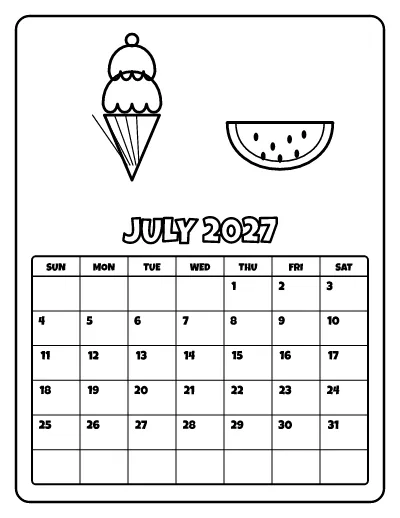 July 2027 Calendar coloring page – printable line art